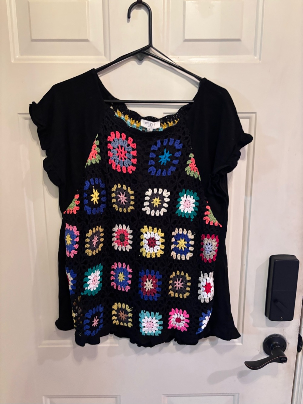 Anthropologie Umgee Black Crochet Square Patch Short Sleeve Top - Picture 2 of 5